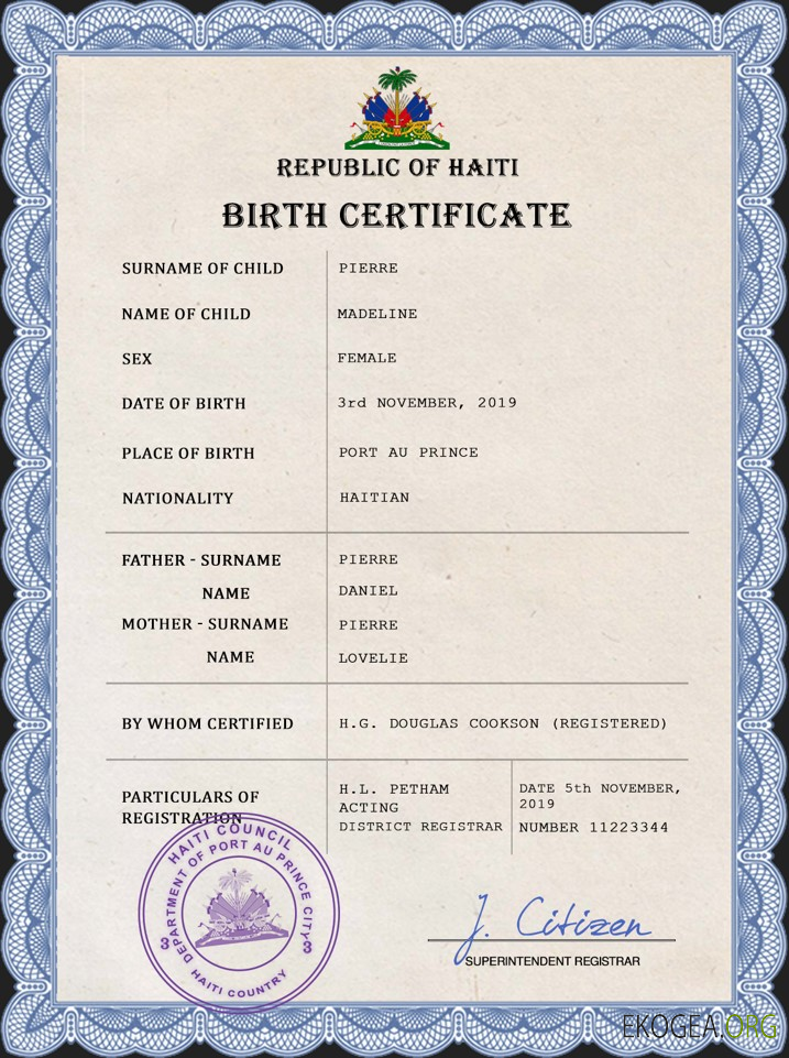 Modèle PSD de certificat de naissance d'état civil d'Haïti